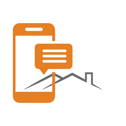 An orange smartphone icon with a chat bubble showing three horizontal lines sits beside a minimalist outline of a house roof and chimney, representing a trusted roofing contractor Long Island on a clean white background.
