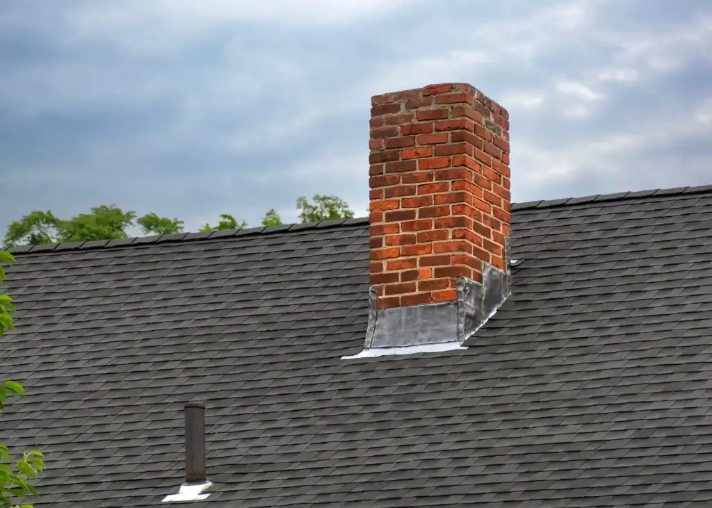 A red brick chimney extends from a dark shingled roof under a cloudy sky, with green foliage in the background—a classic look expertly crafted by a roofer Long Island, NY residents trust.