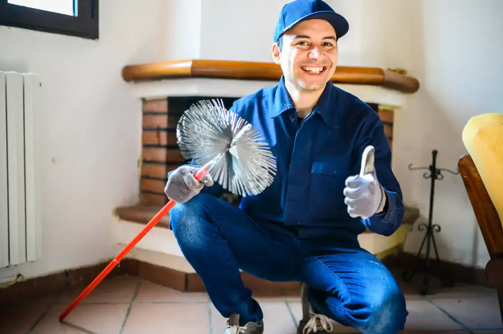 Professional chimney cleaning technician in Long Island, NY, demonstrating proper chimney maintenance techniques indoors.