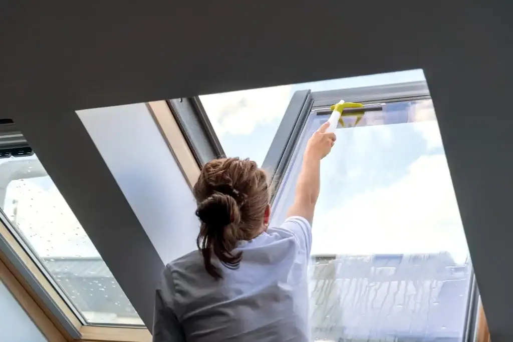 A person with brown hair in a bun is cleaning the inside of a skylight window with a squeegee, reaching up toward the glass. Daylight and clouds are visible, highlighting work often inspected by a roofer Long Island professionals recommend.