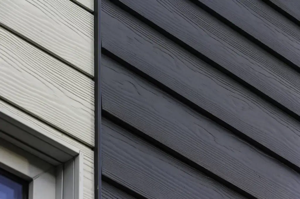 Close-up of a building exterior in NY featuring light gray horizontal panels and dark gray diagonal siding, divided by vertical trim—a sleek design often recommended by a top roofing contractor Long Island. A window is partially visible on the left.